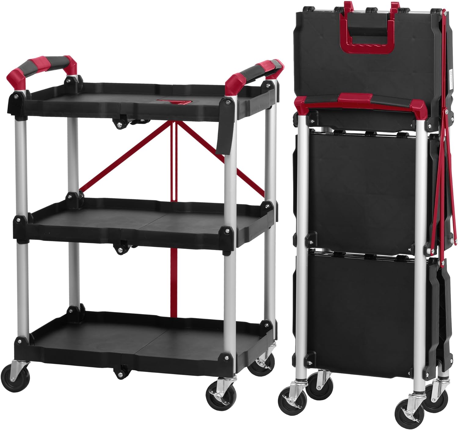 Mahlzeit Faltbarer Servierwagen mit Rollen | 64 x 40,5 x 82 cm, Bis zu 150 kg Belastbar | Rot/Schwarz | dreistufiges Faltregal, Klappregal mit 3 Etagen | Klappbares Standregal, Klappbares Regal
