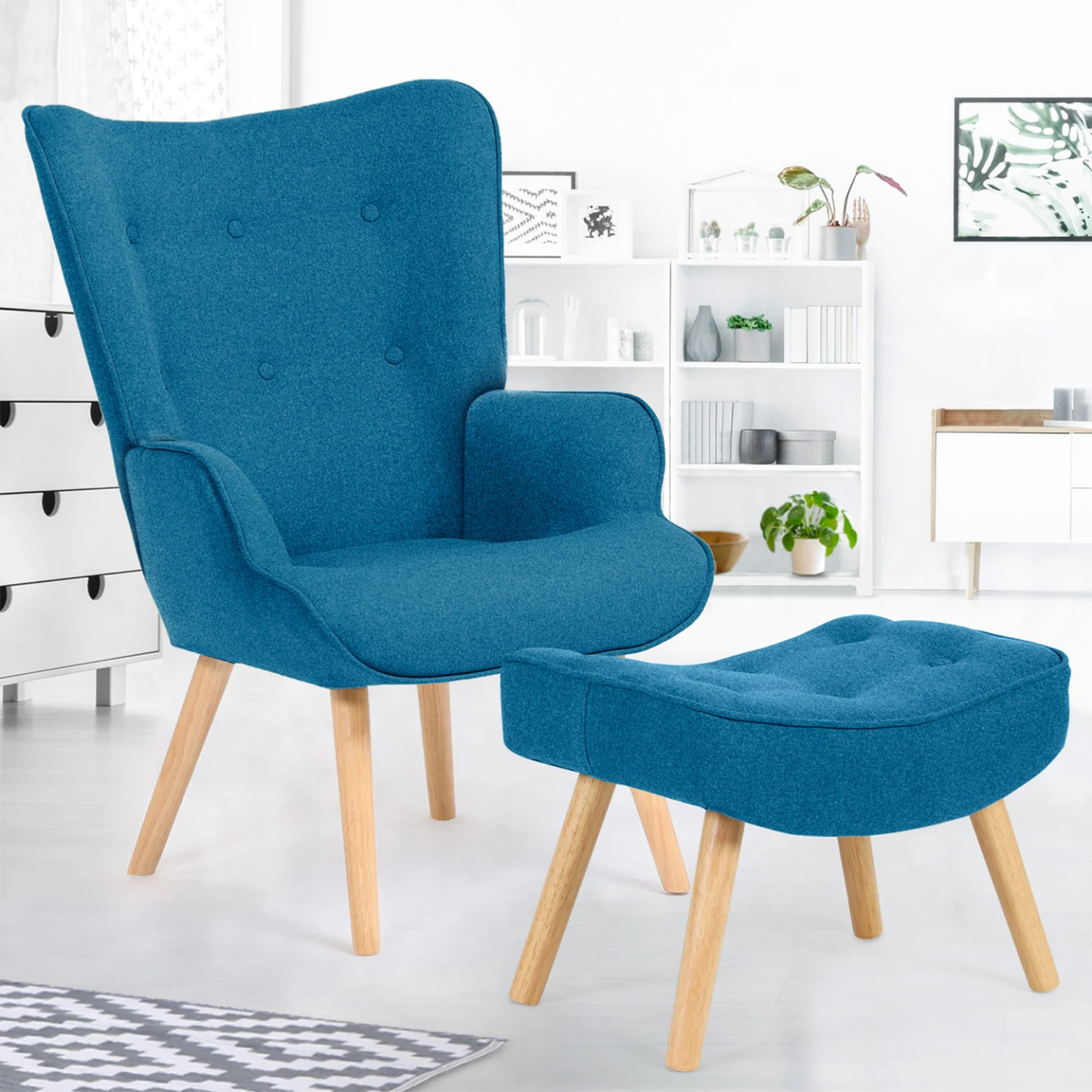 Fauteuil scandinave IVAR avec repose pieds bleu canard