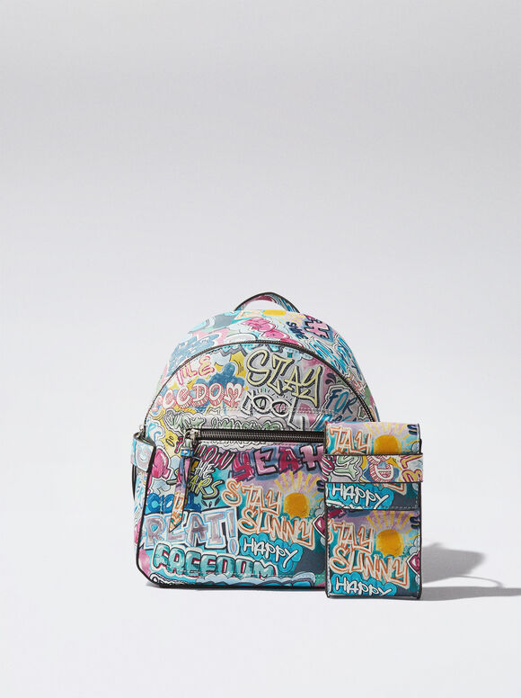 Mochila estampada com porta-celular - Azul