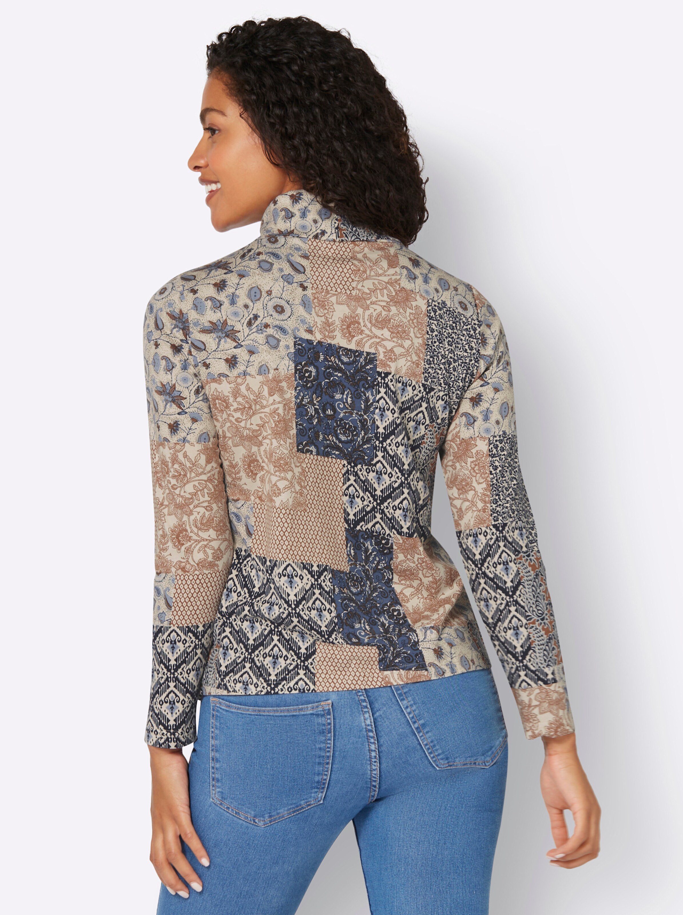 Druck-Shirt in taubenblau-cognac-bedruckt
