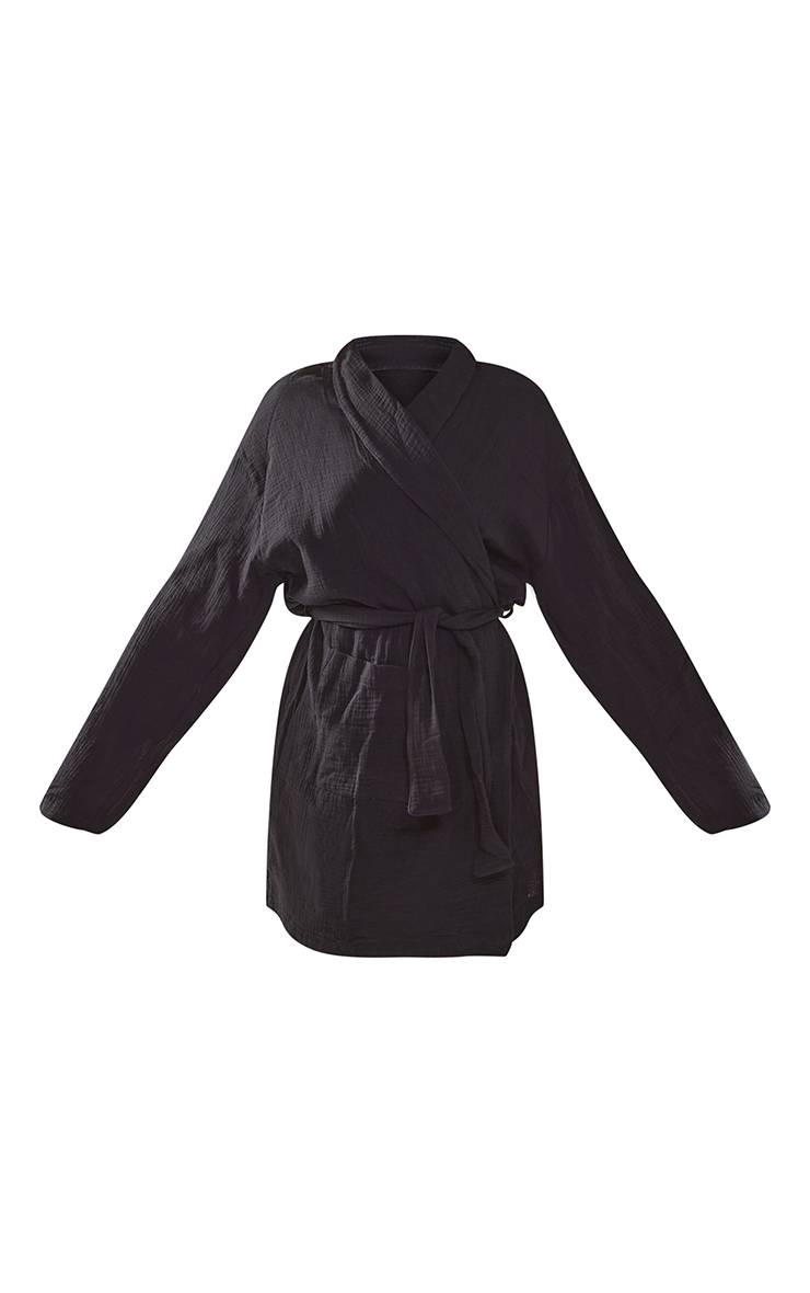 Noir Robe De Chambre Mi-longue En Gaze De Coton Avec Ceinture Nouée À La Taille