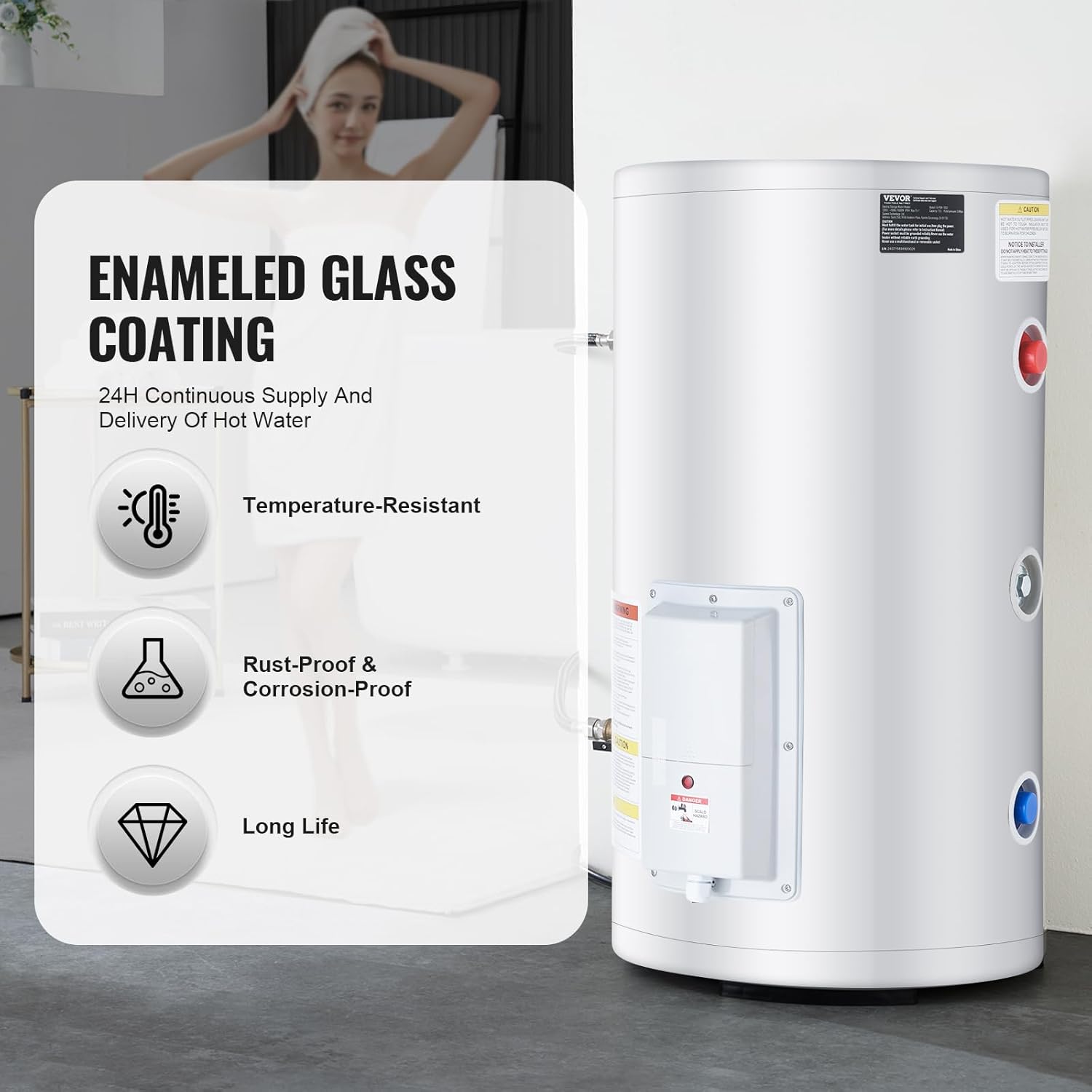 VEVOR Elektrischer Warmwasserbereiter, 18-Gallonen-Tank, Durchlauferhitzer, 1,6 kW Tankless-Warmwasserbereiter mit LED-Anzeige, Drehknopfsteuerung, Durchlauferhitzer für Dusche, Bad