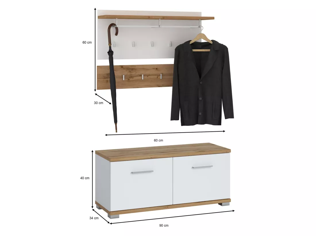 Ensemble banc de rangement à chaussures et porte manteau mural VIELLA en mélaminé couleur chêne wotan et blanc