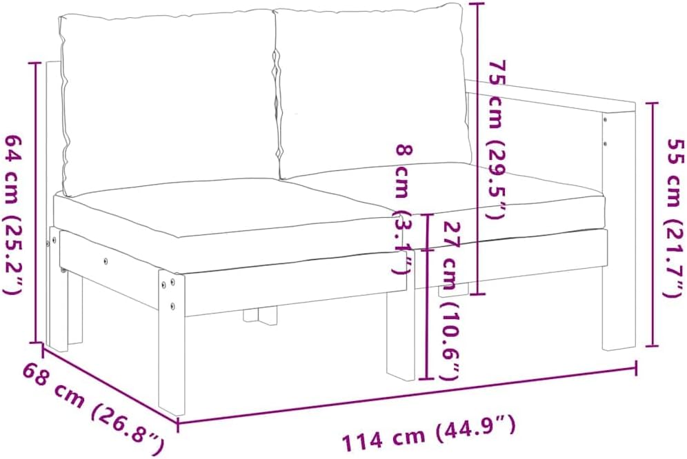 Gartensofa 2-Sitzer aus Massivholz Akazie, Dunkelgraue Kissen, Modulares Design für Terrasse, Balkon und Outdoor-Bereich, Robuste Gartenmöbel mit 1 Armlehne