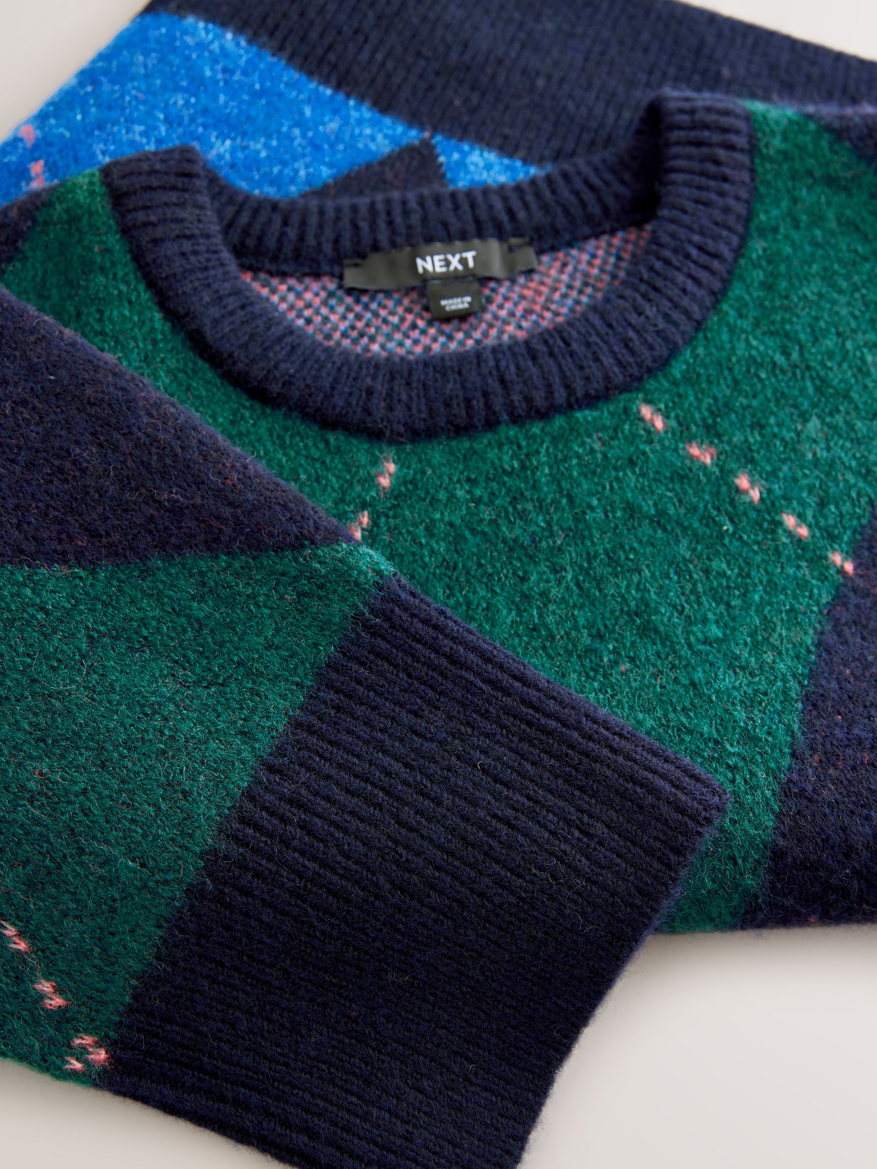 Marineblauw/groen argyle - Gebreide trui met ronde hals van wol