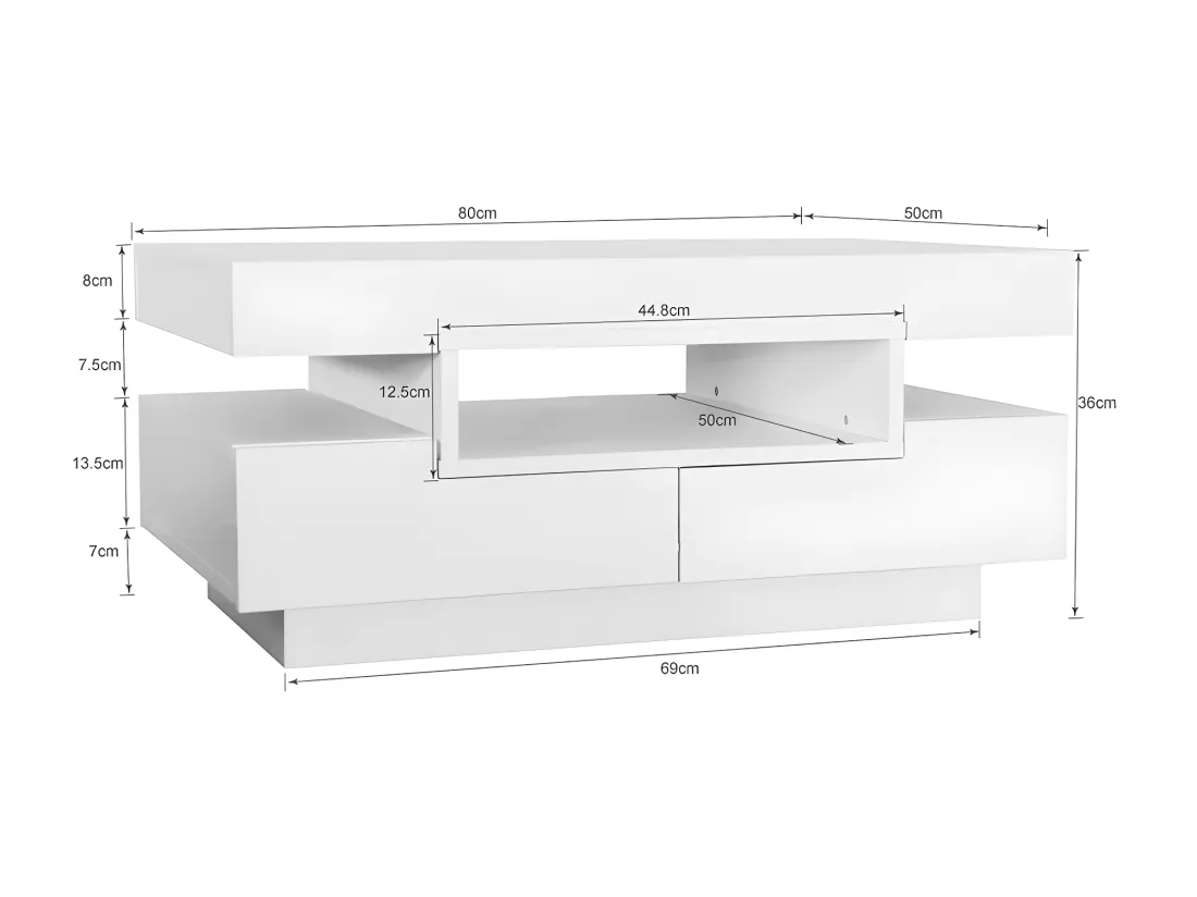 Table basse avec LED - finition brillante - 4 tiroirs avant et arrière - Blanc