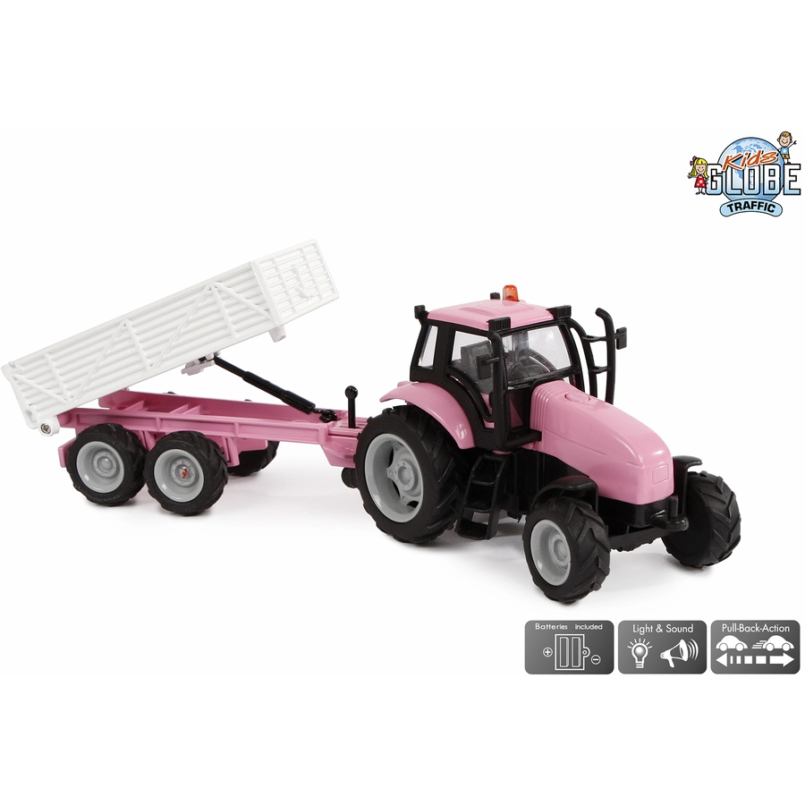 Kids Globe Farming Traktor mit Trailer Die Cast mit Licht und Sound Rosa Rosa