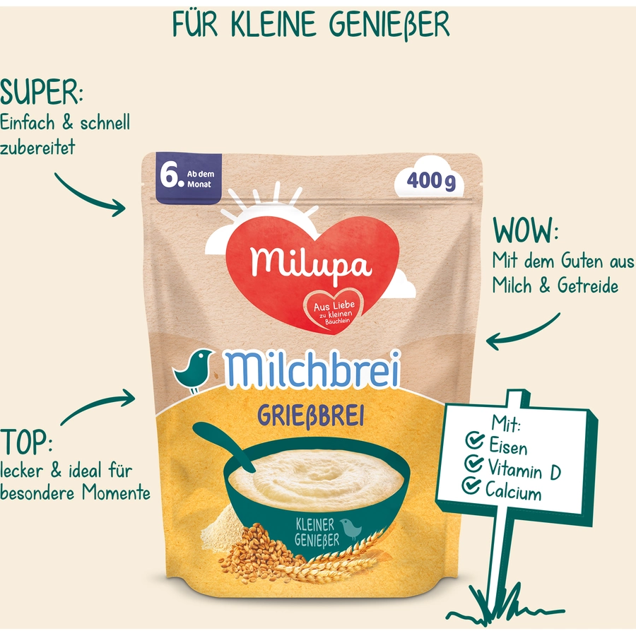 Milupa Milchbrei Grießbrei  miluvit >>mit<< Kleine Genießer 4 x 400 g ab dem 6. Monat