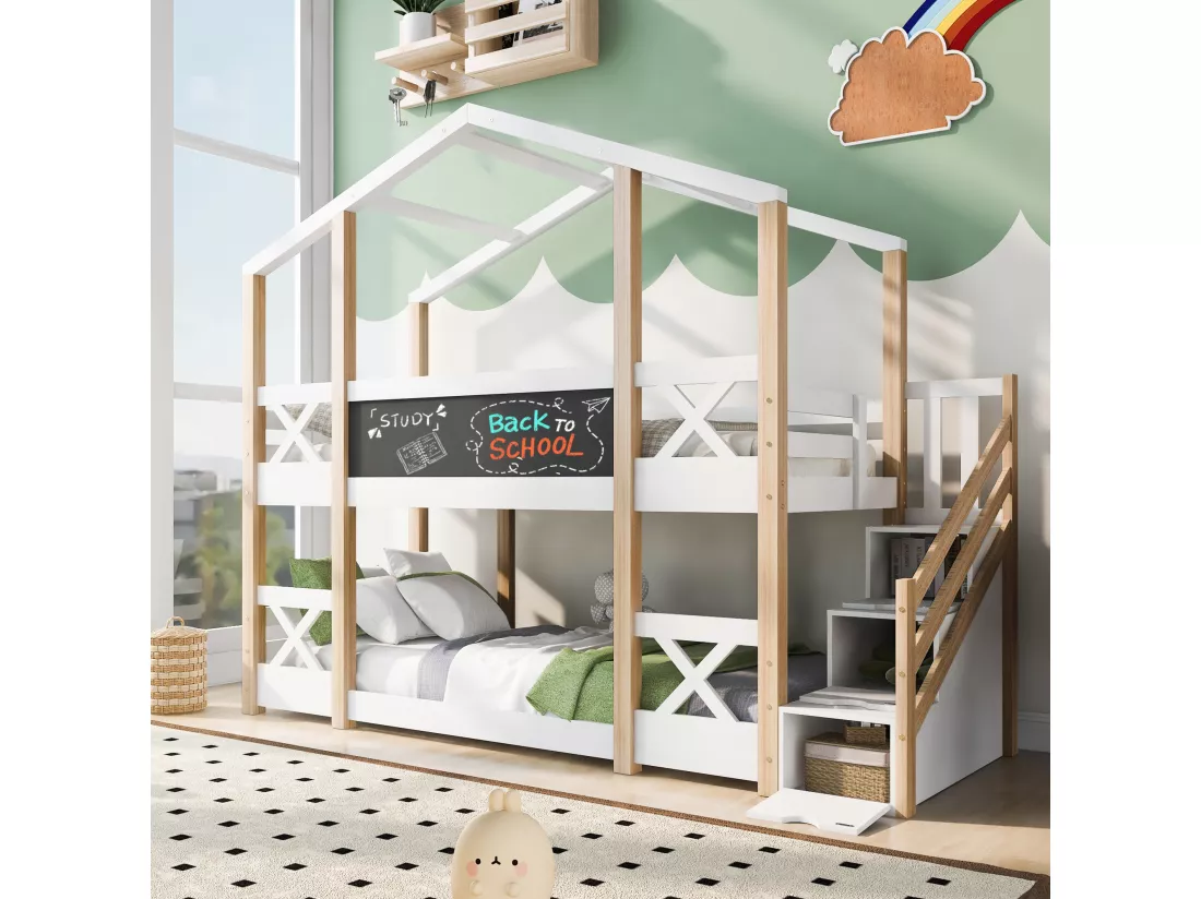 Lit superposé cabane en pin massif avec barrières anti-chutes + échelle de rangement + tableau noir - 90x200cm - Naturel & Blanc