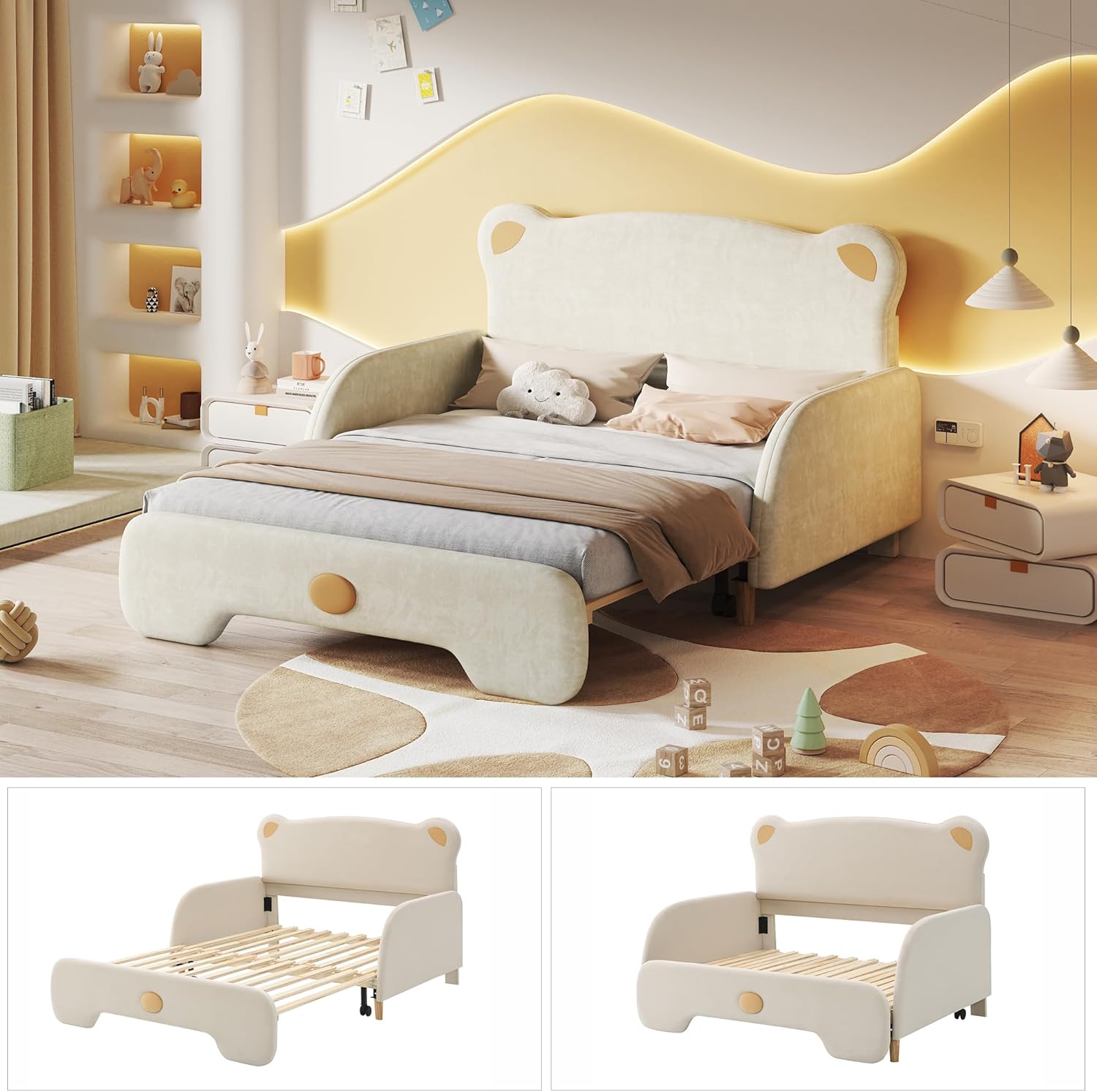 Soweiz Doppelbett in Bärenform, Polsterbett, Kinderbett, Tagesbett, Ausziehbett, mit weichen Schutzkanten, mit Holzlatten, Samt, Beige (140x110cm&140x200cm) (Beige (Ohne Matratze))