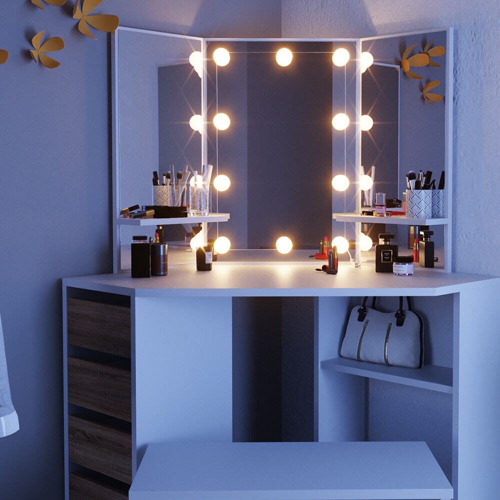 VICCO LED Eckschminktisch ARIELLE Kosmetiktisch Frisiertisch Weiß Eiche Bank