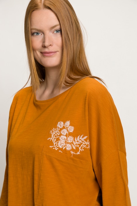 Shirt, Stickerei, Rundhals, 3/4-Arm, Biobaumwolle