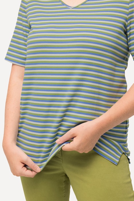 T-Shirt, Rippjersey, V-Ausschnitt, Halbarm, Biobaumwolle
