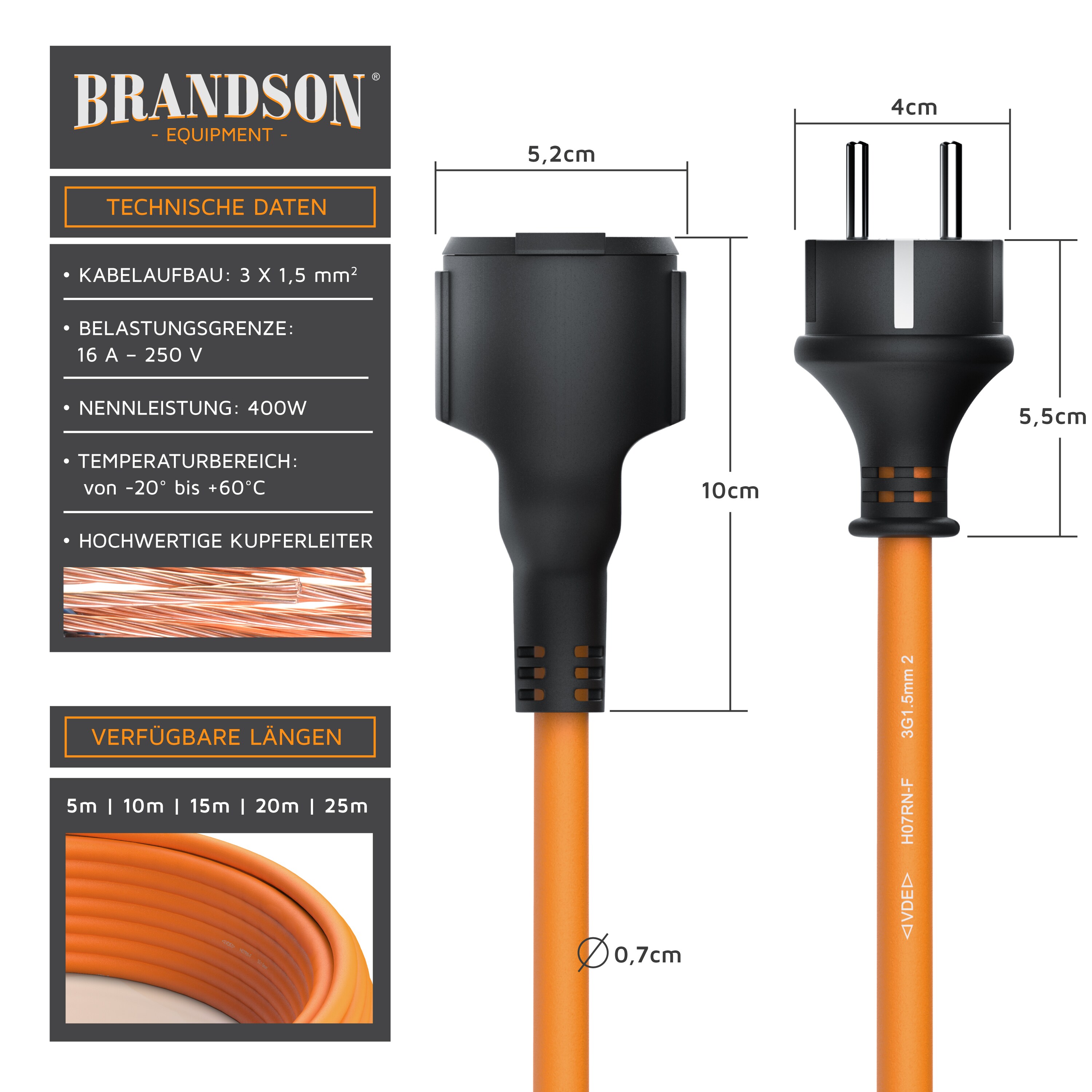 Brandson Verlängerungskabel, Typ F Schutzkontakt, Stromkabel Verlängerung für den Außenbereich 3500W, Outdoor, IP44 - 25m