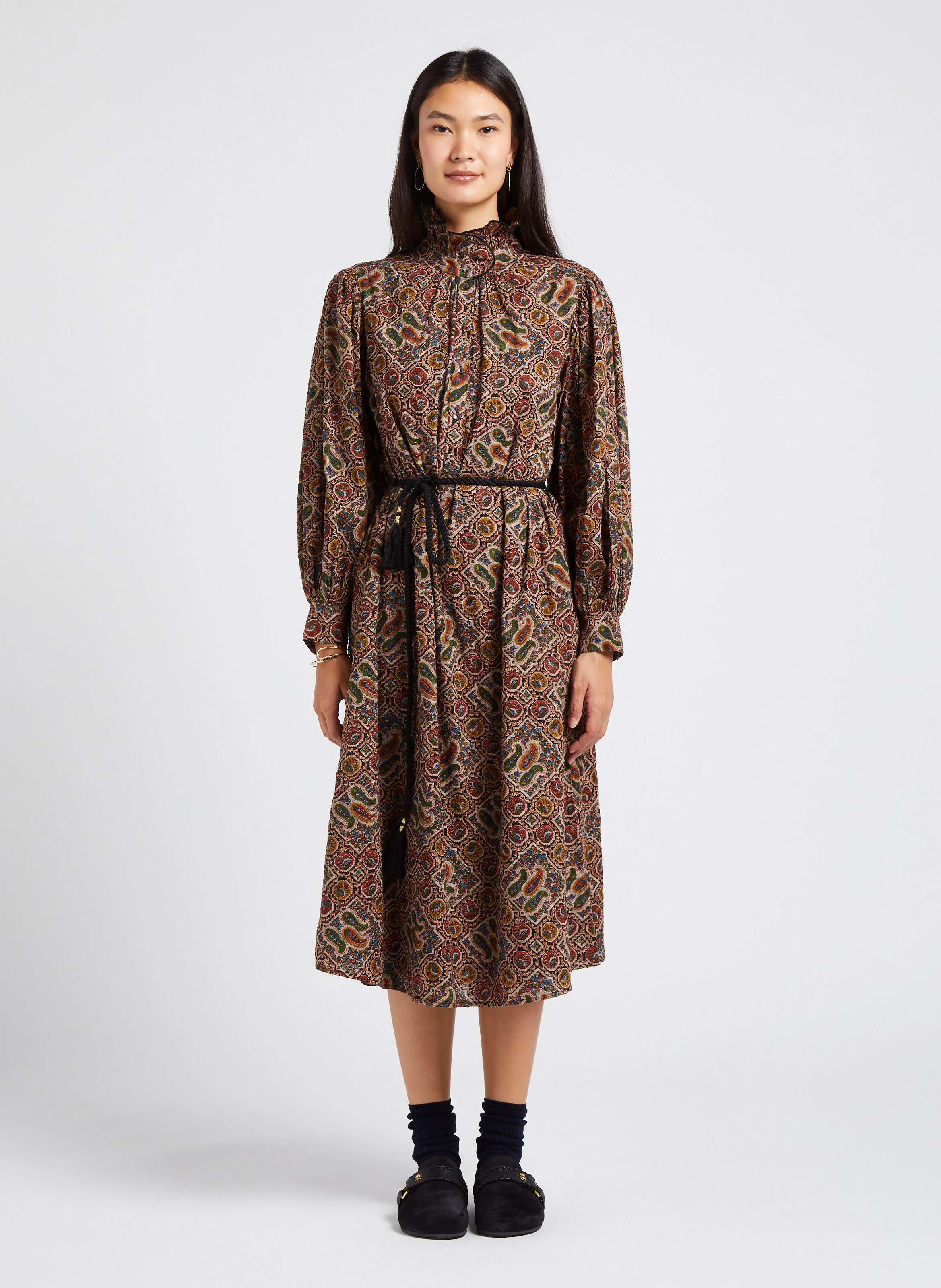 ZINA - Robe longue droite col victorien en coton | Multicolore