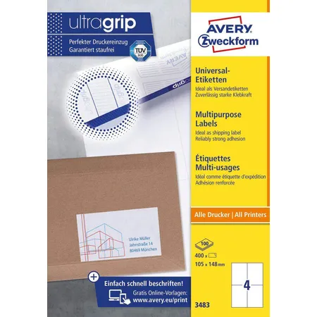 Avery Zweckform 3483 Universal-Etiketten,A4 mit ultragrip,105 x 148 mm, 100 Bogen/400 Etiketten, weiß