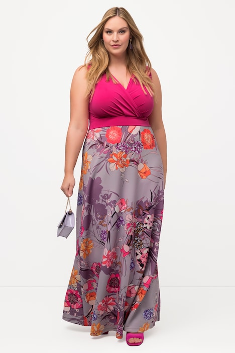 Jersey-Maxikleid, Blüten, V-Ausschnitt, ärmellos