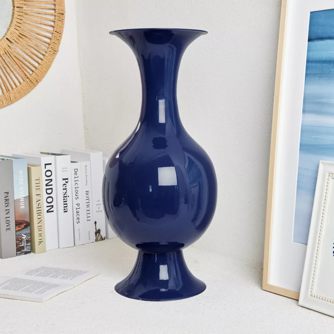 Grand Vase en métal émaillé fait main (H56 cm) Soléa Bleu roi brillant
