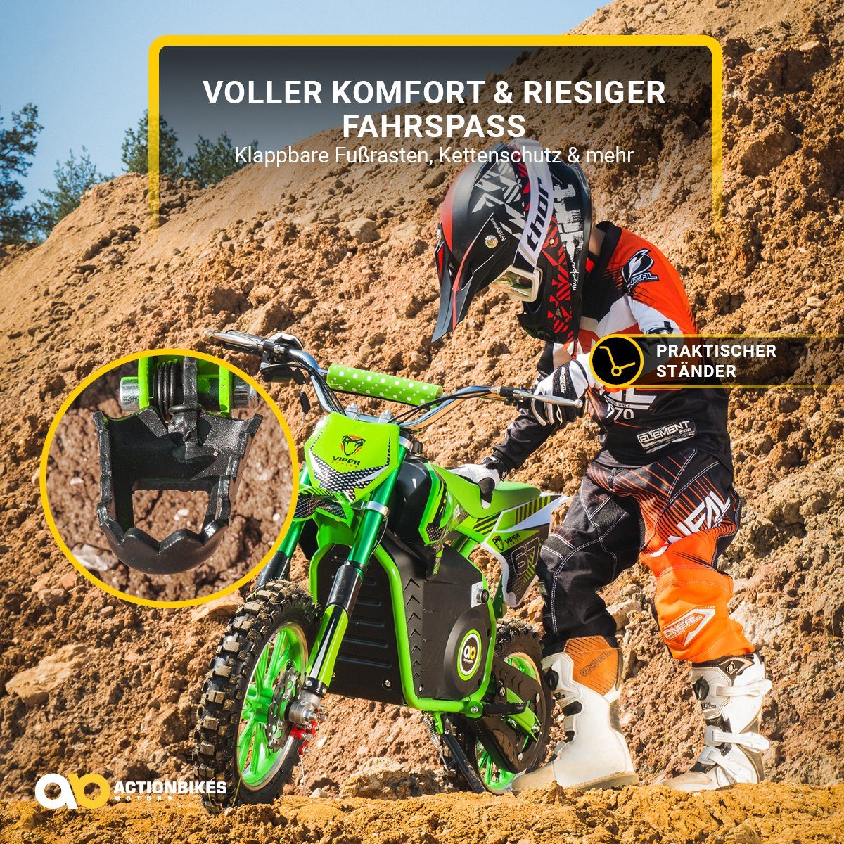 Motocicleta elétrica infantil Actionbikes Motors Viper 1000 W elétrica - 3 níveis - até 25 km/h, capacidade de carga 60 kg (1 unidade), mini moto de trilha elétrica, mini moto de pit bike, pocket bike a partir de 5 anos