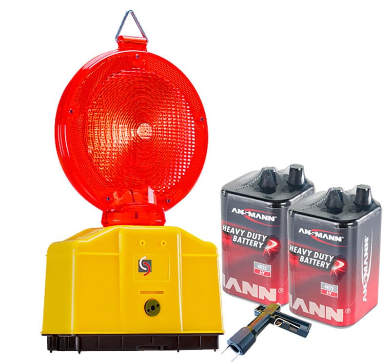 Bouwplaatsverlichting, waarschuwingslicht, rode LED, als set met of zonder batterijen / 2 x 9 Ah zink-koolstofbatterijen
