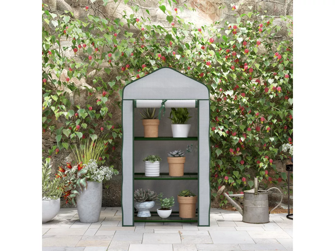 Serre de jardin balcon 3 niveaux métal thermolaqué vert PE blanc