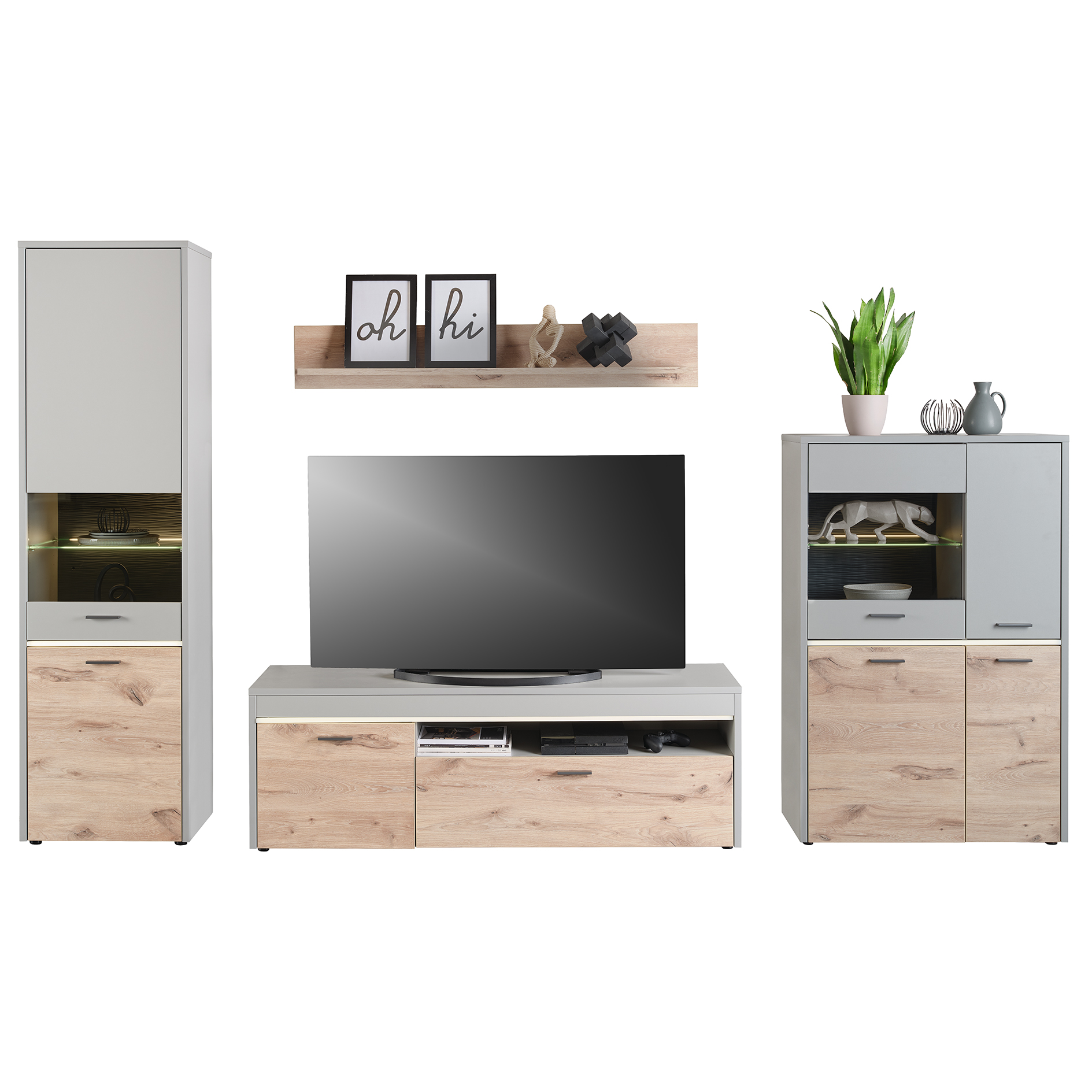 Highboardvitrine DYNAMIC - Nox Oak-hellgrau - mit Beleuchtung