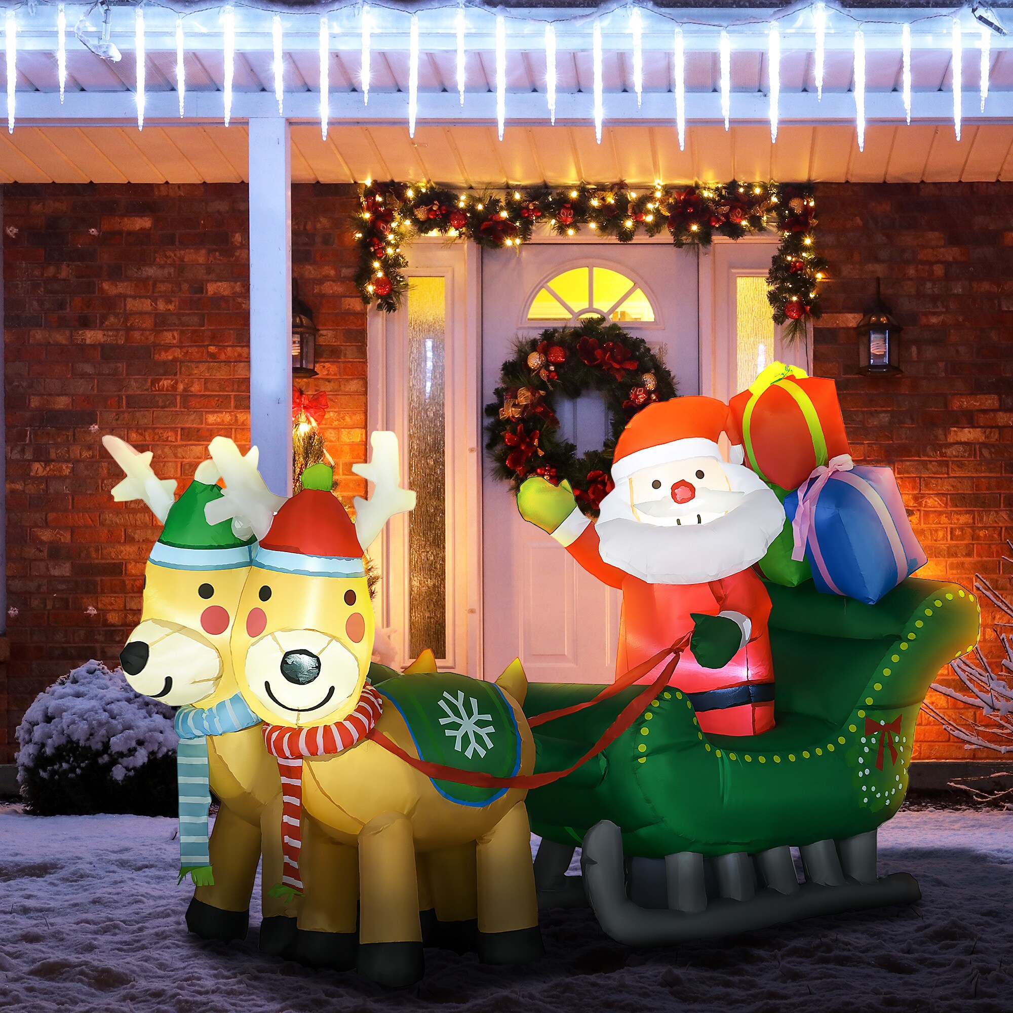 HOMCOM Aufblasbare Weihnachtsmann mit Schlitten und Rentieren mit LED-Lichter bunt 210L x 70B x 125H cm