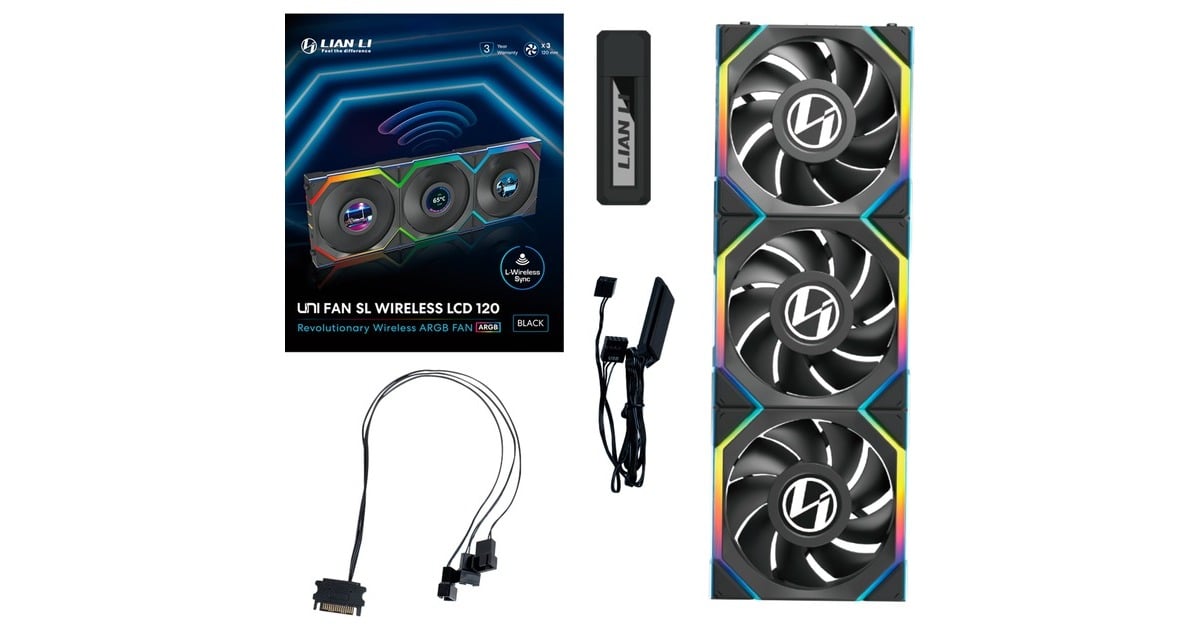 Lian LiUNI FAN SL120 LCD Wireless RGB case fans  (Zwart, 3 stuks, 120 x 124.5 x 28 mm, PWM)