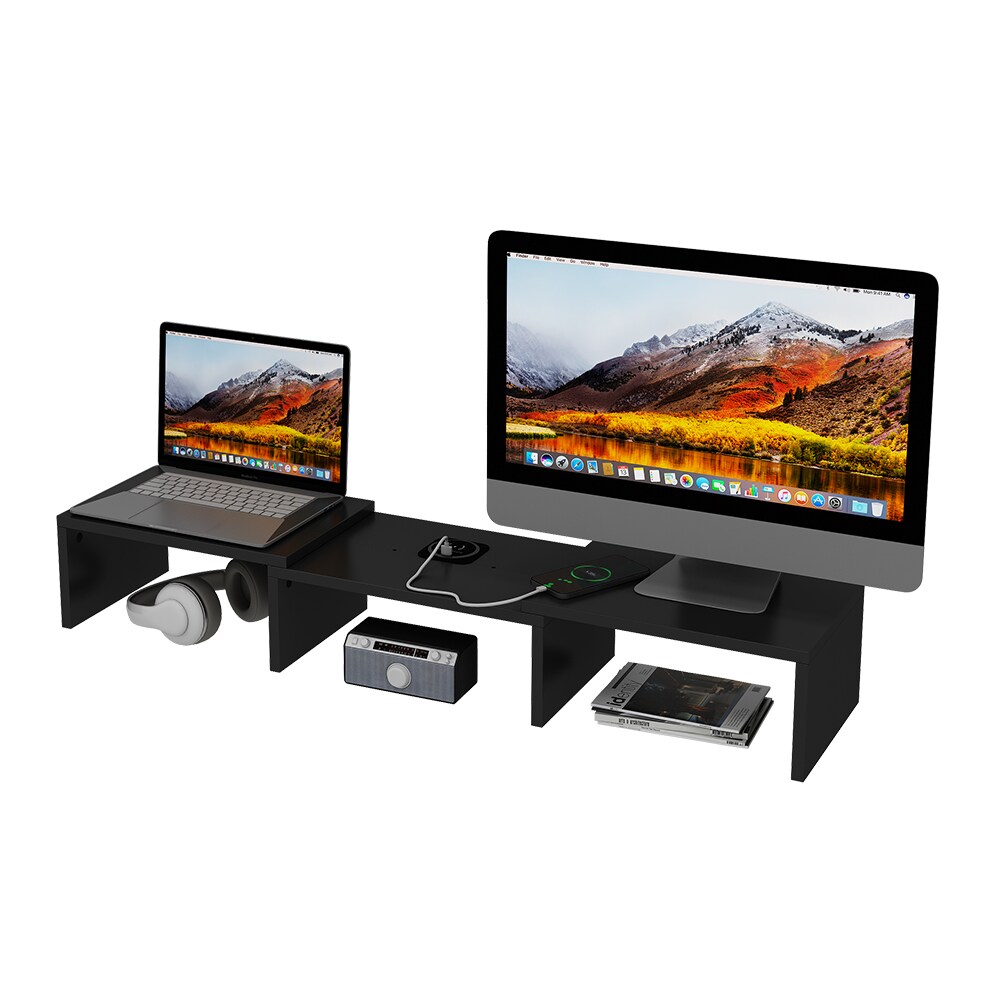 Vicco Monitorständer Halva Schwarz 82 x 16 cm mit QI-Ladestation und USB