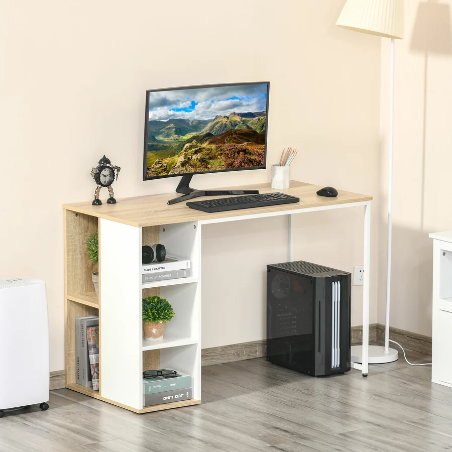 HOMCOM Schreibtisch Tisch mit Bücherregal eiche, weiß