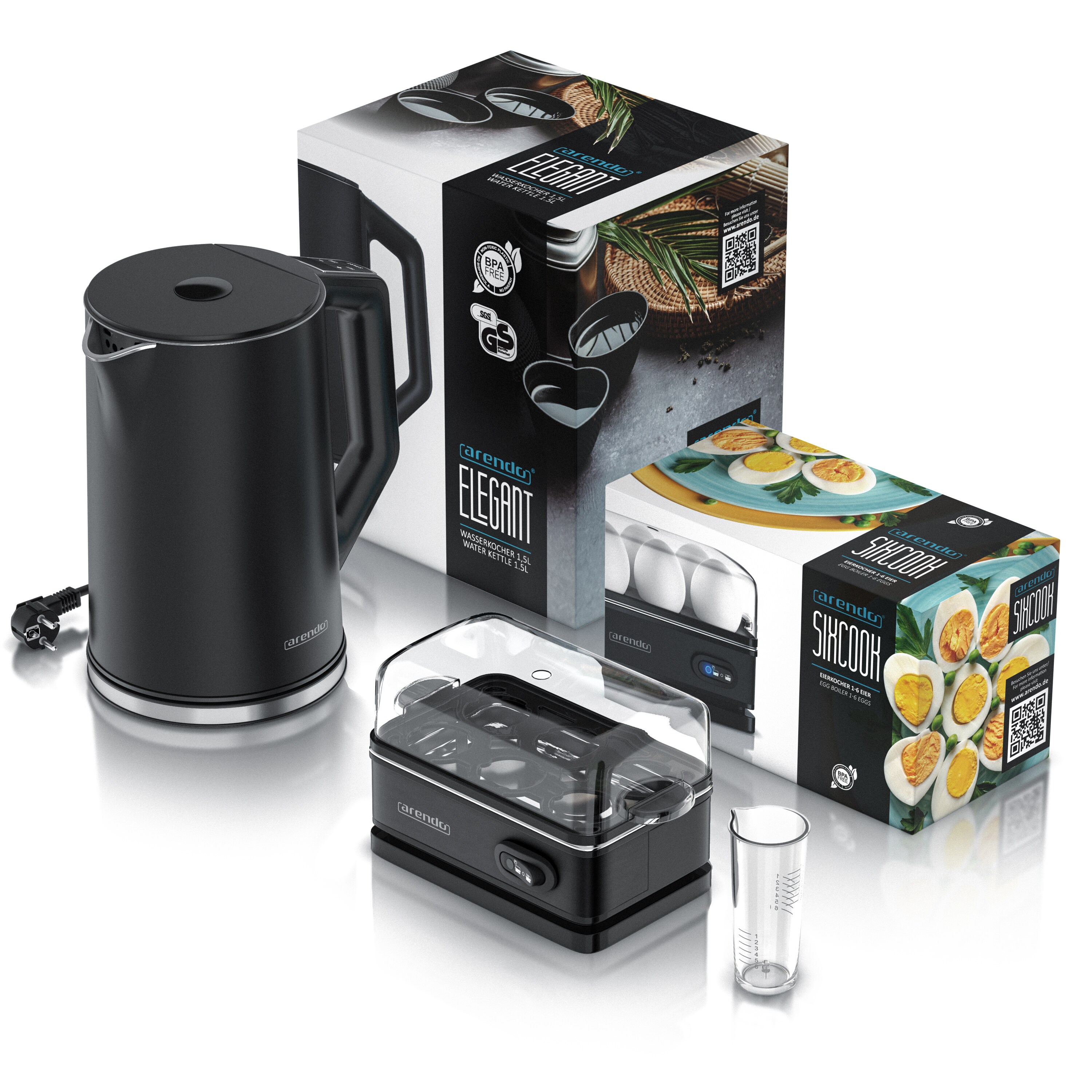 Arendo Frühstücks-Set Edelstahl Wasserkocher 1,5l, 6er Eierkocher, Schwarz