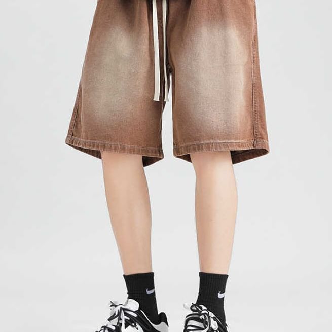 Adothuiastic - Bermudashorts van gewassen denim met trekkoord in de taille