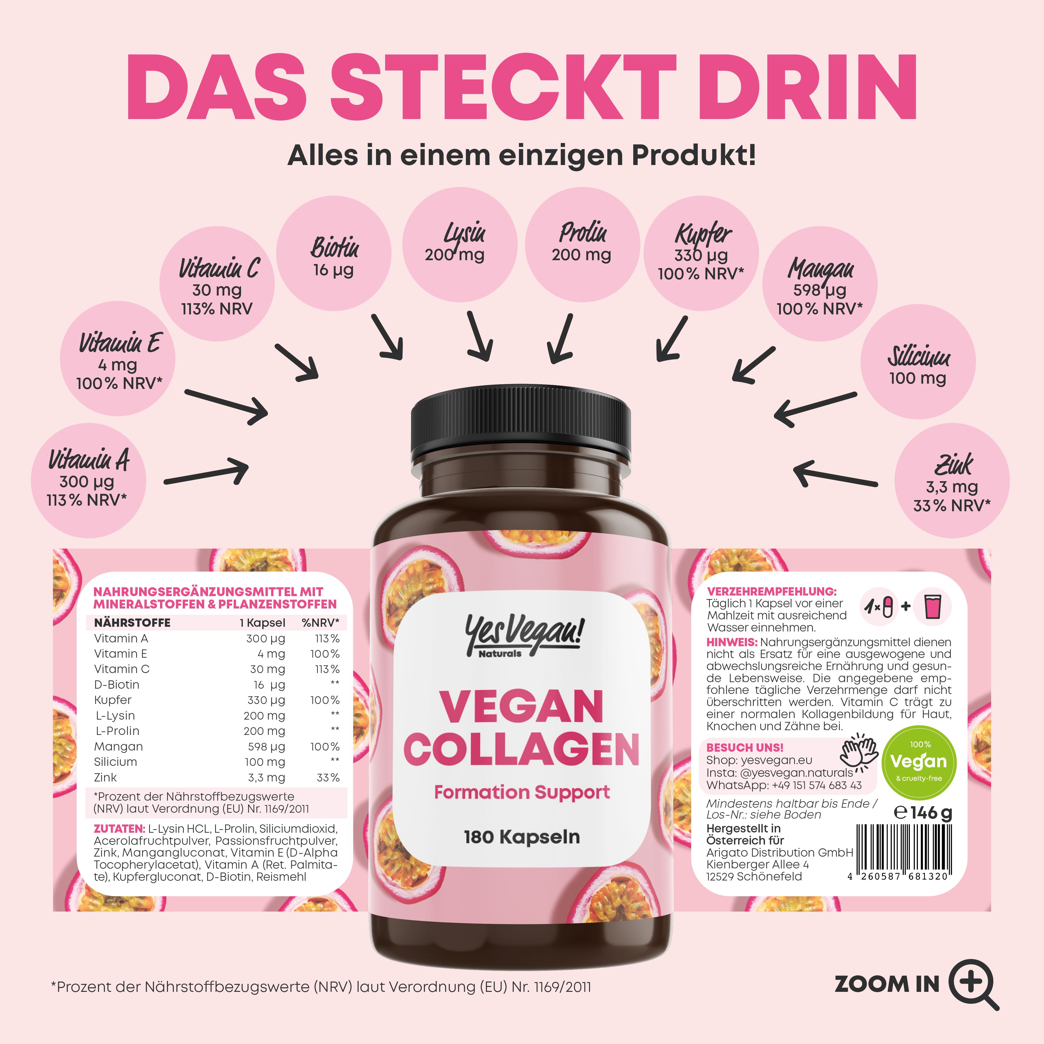 Vegan Collagen (180 Kapseln) mit Aminosäuren, Vitamin A C E, Biotin, Silicium, Zink und Mangan