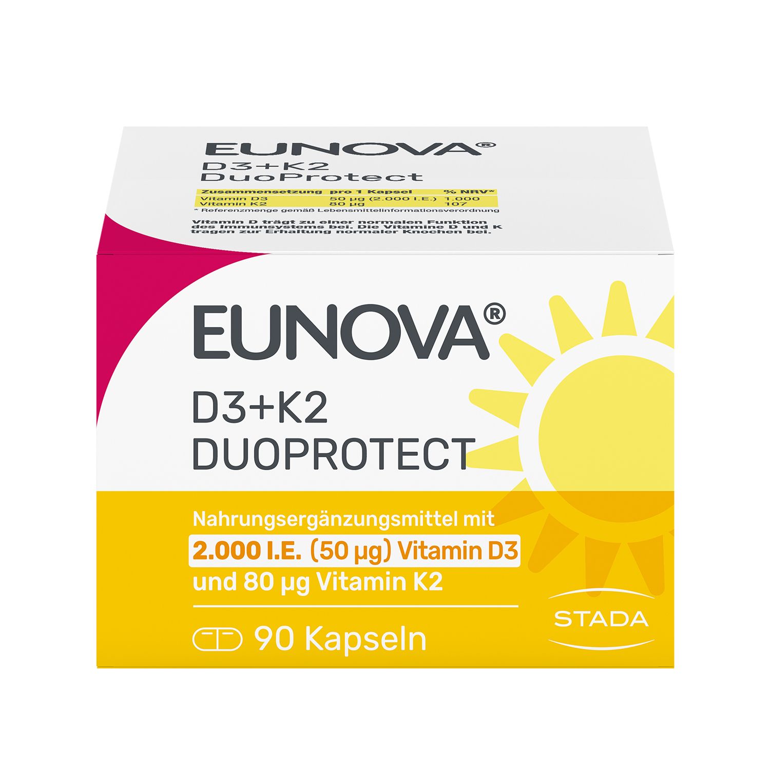 Long Title 	EUNOVA® D3 + K2 DuoProtect – 2.000 I.E.  Nahrungsergänzungsmittel mit Vitamin D und K zur normalen Funktion des Immunsystems & Erhaltung normaler Knochen