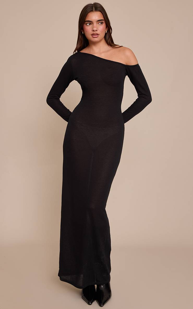 Noir Robe Longue Asymétrique À Manches Longues En Jersey Texturé
