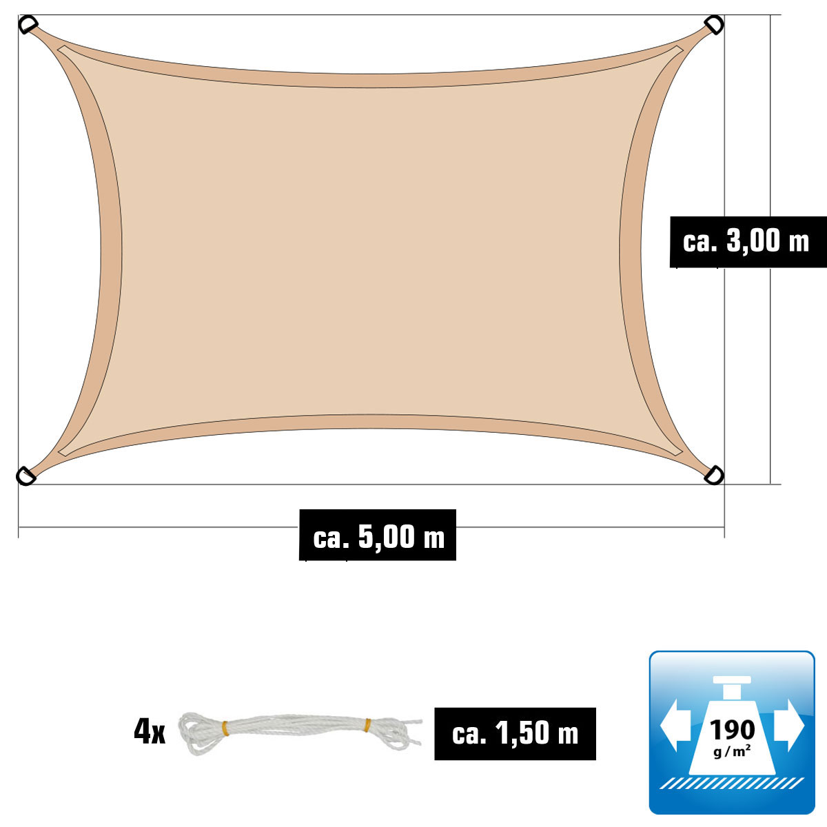AMANKA 3x5 waterdicht beige schaduwdoek met bevestigingsset
