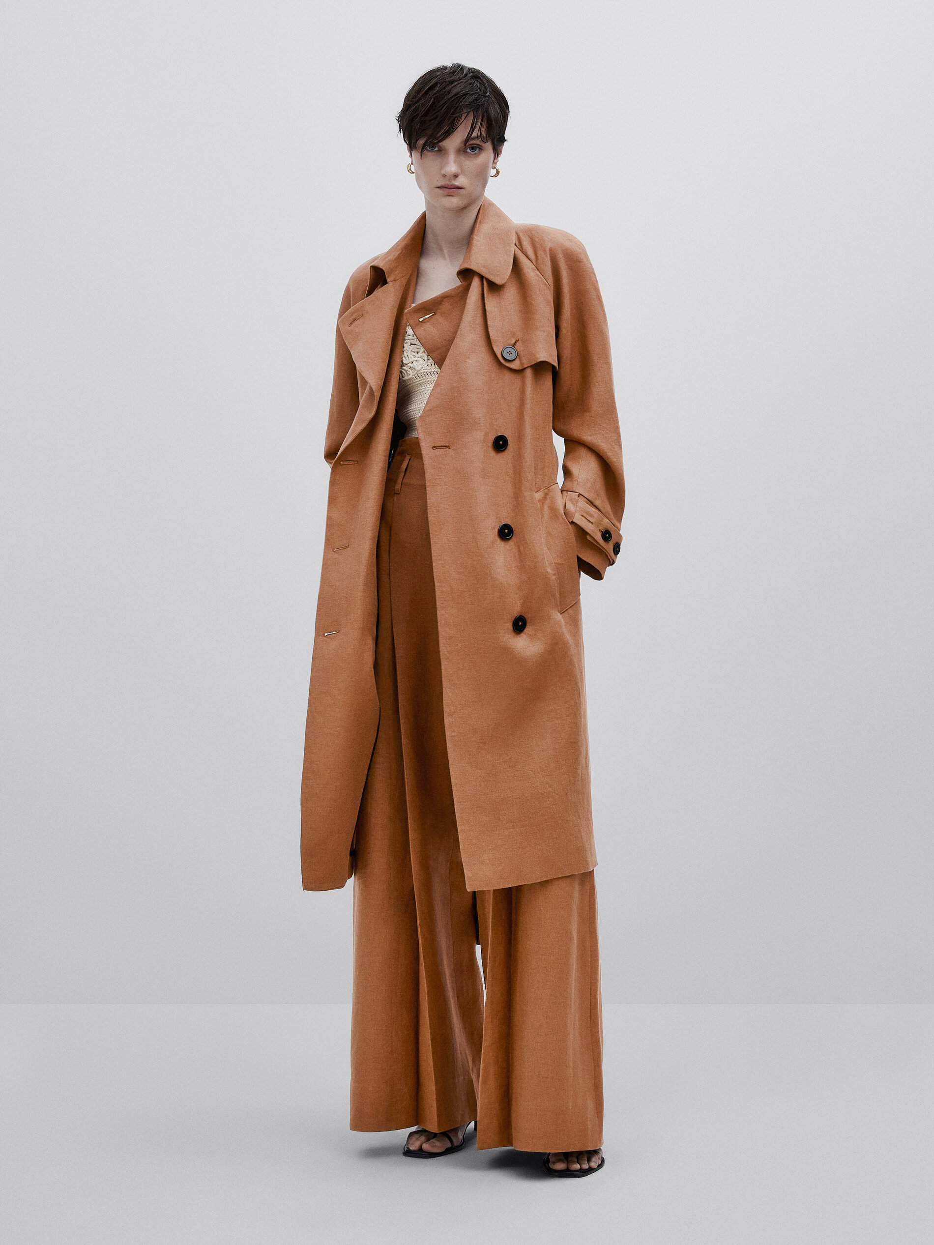 Gabardine de linho com cinto - Studio - CAMEL