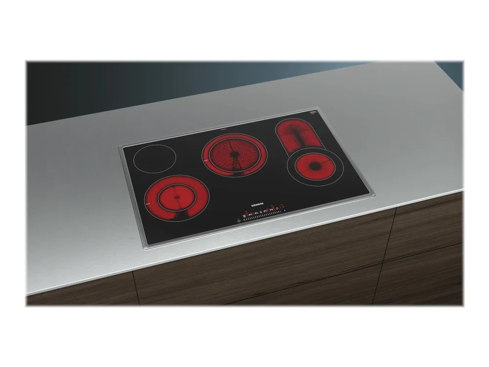 Siemens iQ300 ET845FCP1D - Keramisk kogeplade - 4 plader - Niche - bredde: 78 cm - dybde: 50 cm - med rustfrit stål-pynt - sort/rustfrit stål