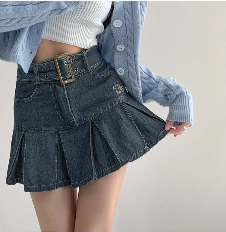 Bolgivy - Mini A-lijn denim rok met hoge taille en riem