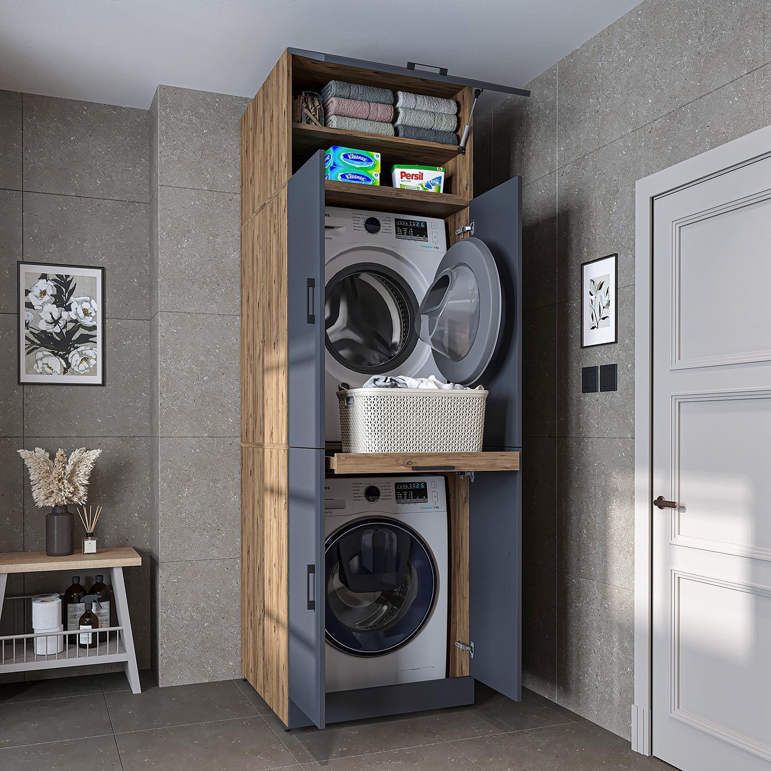 ROOMART Dora Armoire de machine à laver, pour sèche-linge et machine à laver, en 4 couleurs, avec portes et planche coulissante (chêne anthracite)
