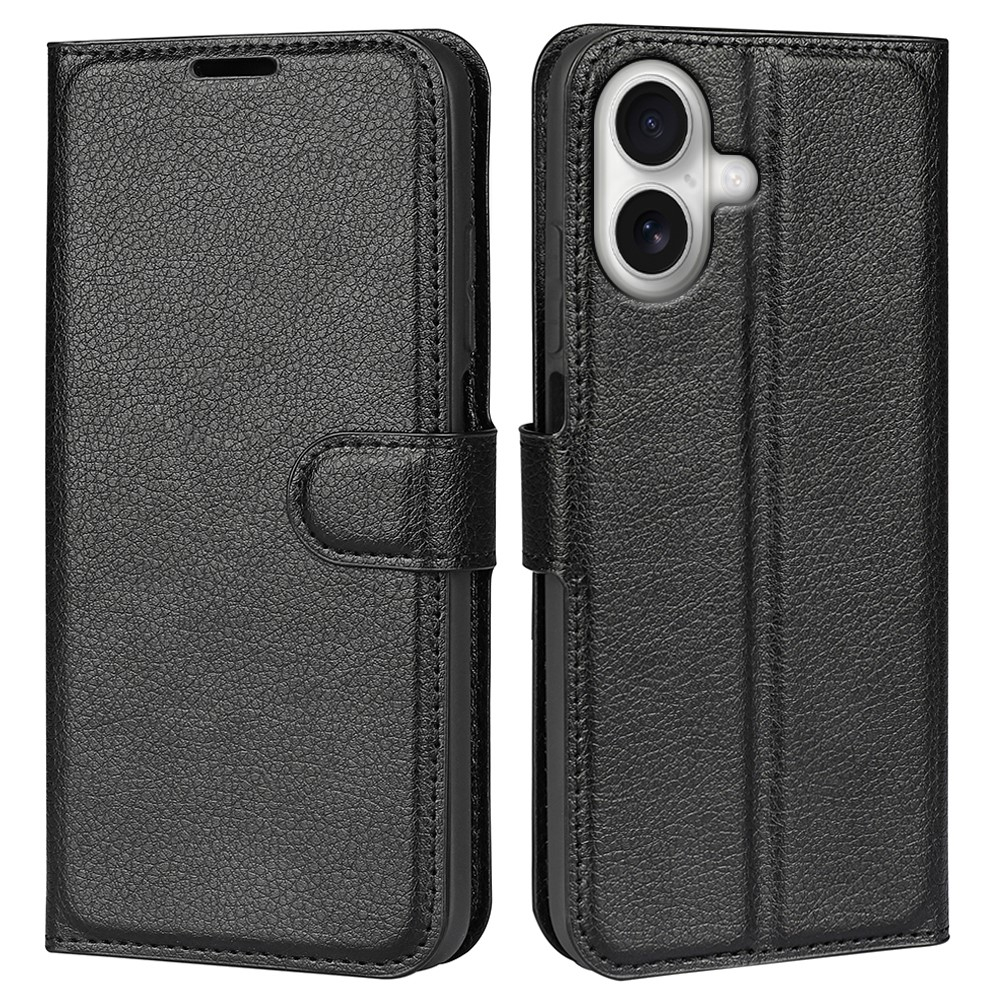 iPhone 17 Leder Tasche Flip Cover Litchi Look - Schwarz