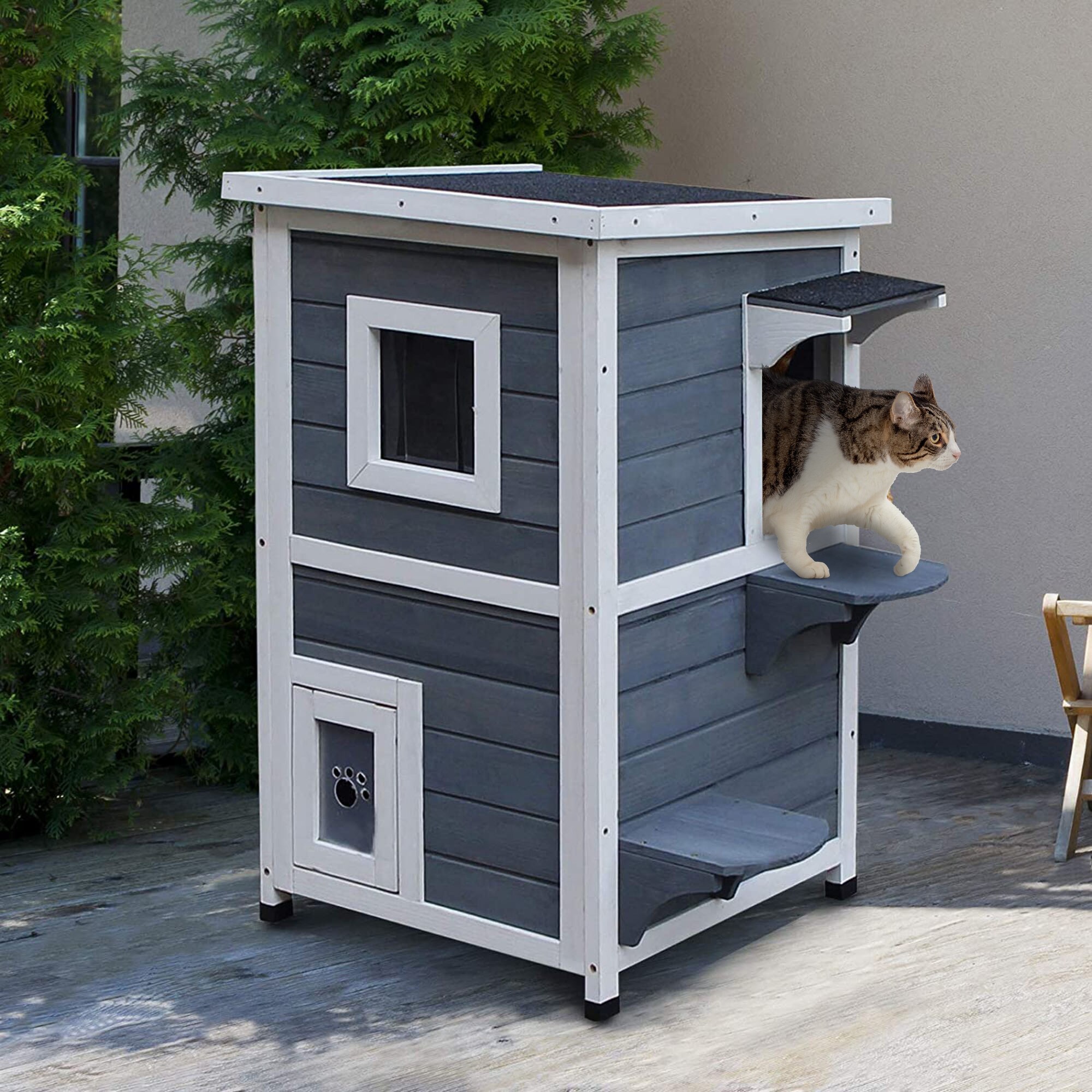 PawHut Katzenvilla mit 2 Etagen grau, weiß 51 x 51 x 81,3 cm (LxBxH)