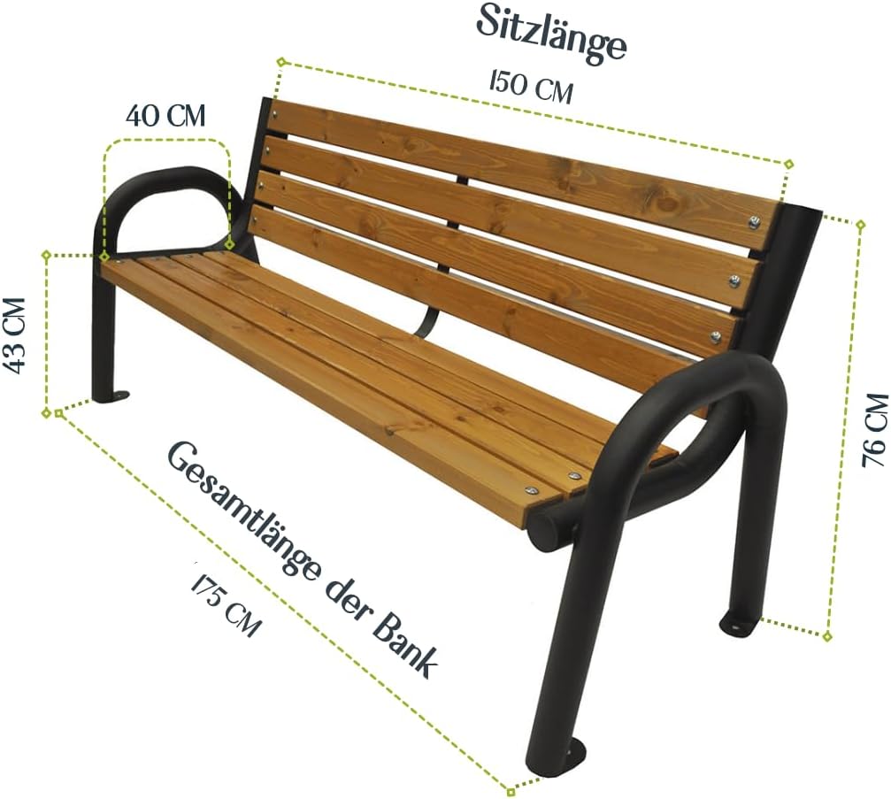 Gartenbank, Parkbank Holz - Gartenmöbel, Outdoor Bank mit 350kg Tragfähigkeit - Sitzbank Wetterfeste, Design Skandinavische (Primario Helle Eiche, 175 cm - Gesamtlänge der Bank, CE)