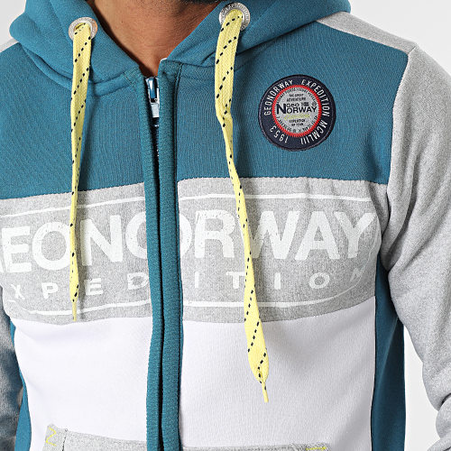 Sweat Zippé Capuche Gris Chiné Bleu Pétrole
