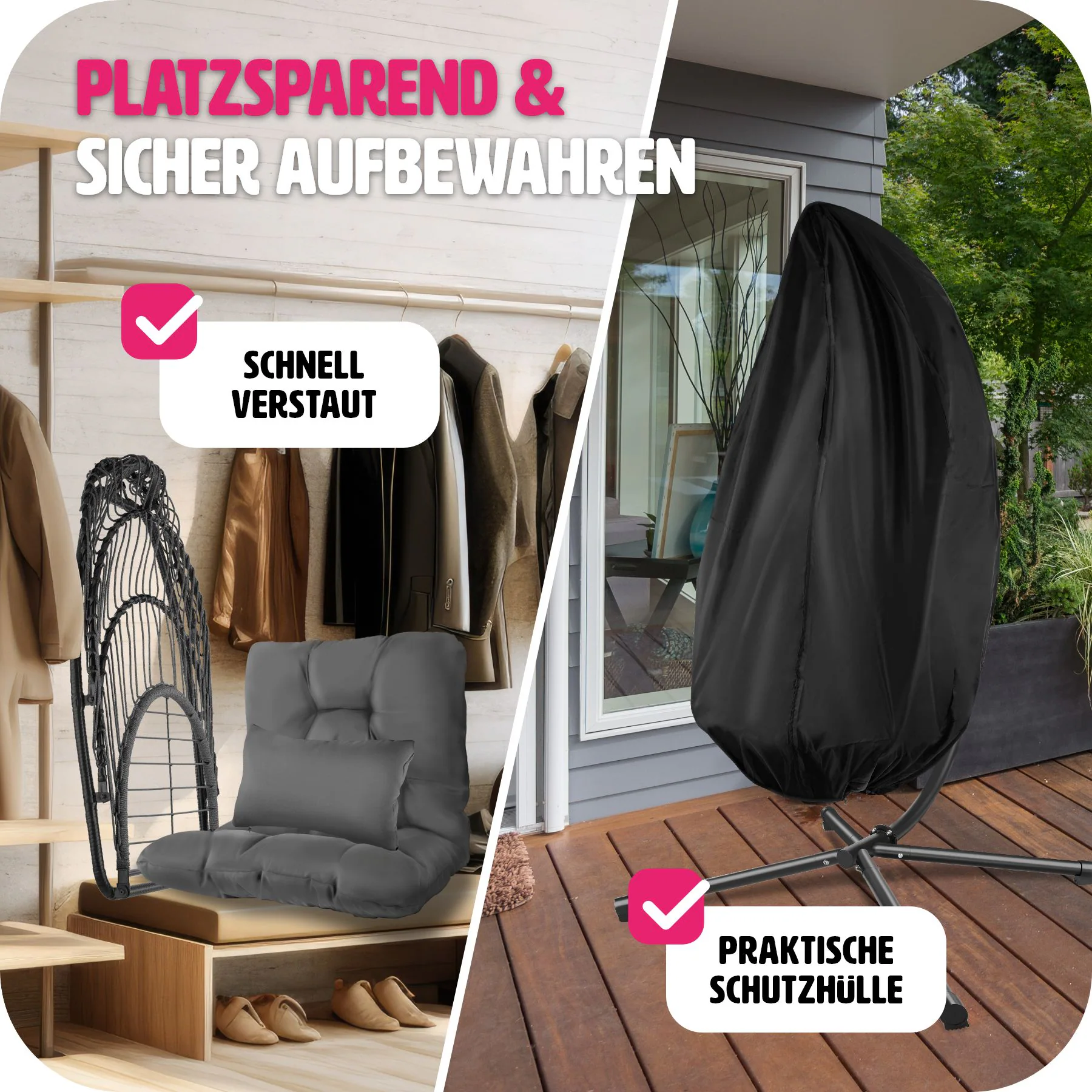 tectake® Hängesessel, mit extra dickem Sitz- und Kopfkissen, Belastbarkeit 160 kg, inklusive Schutzhülle, 98 x 107 x 202 cm