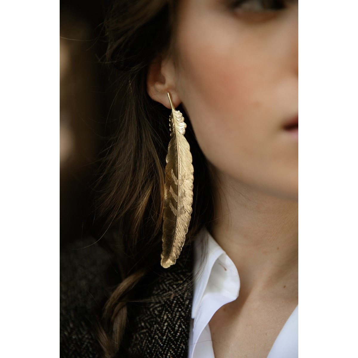 mono maxi boucle d'oreille puce plume plaqué argent - PHÉBÉ