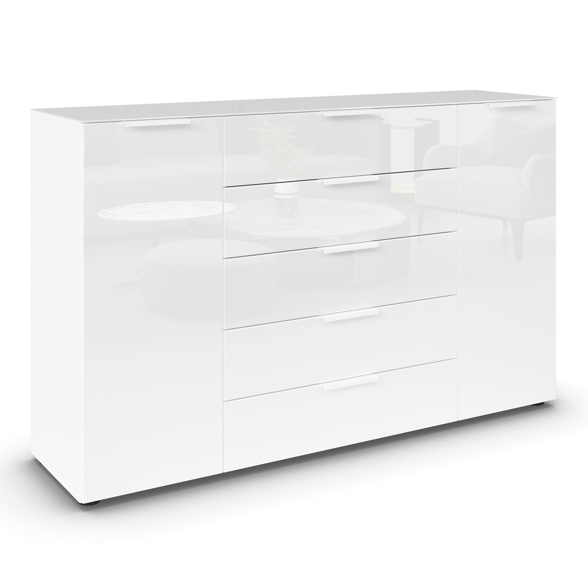 Kommode - alpinweiß-Kristallweißglas - weiße Griffe - 160 cm