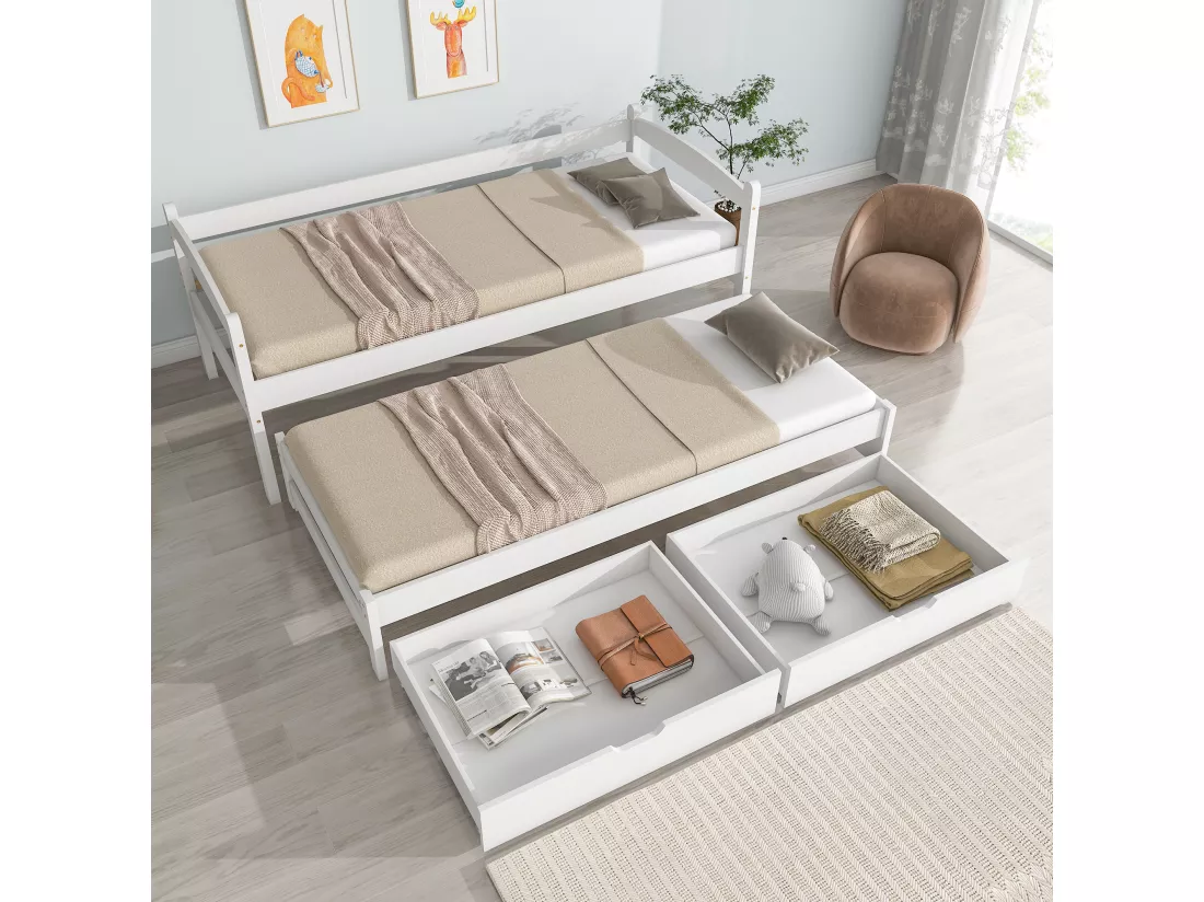Lit gigogne avec rangement - 90 x 200 cm + 190 x 90 cm - 2 tiroirs - bois massif - coloris blanc