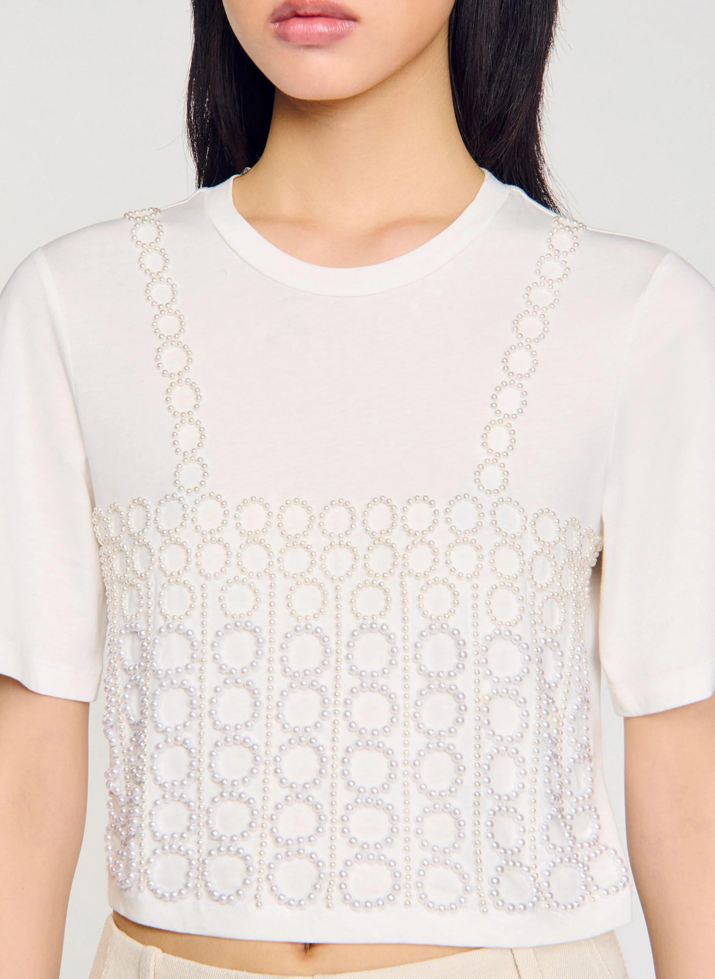 Tee-shirt court à broderies perles | Blanc