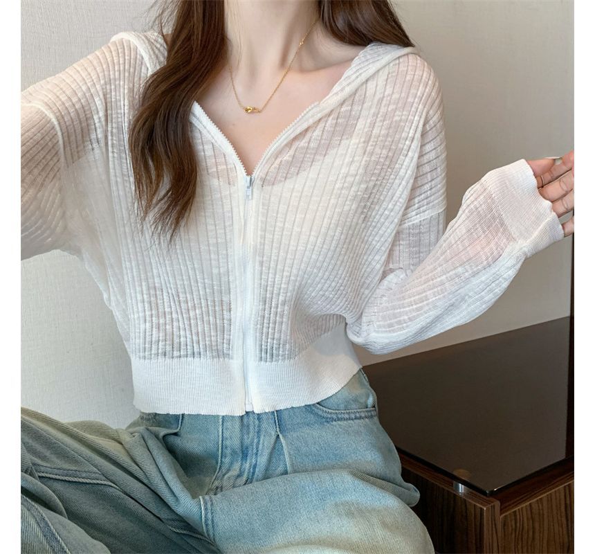 Allinya - Effen geribbeld vest met capuchon en rits